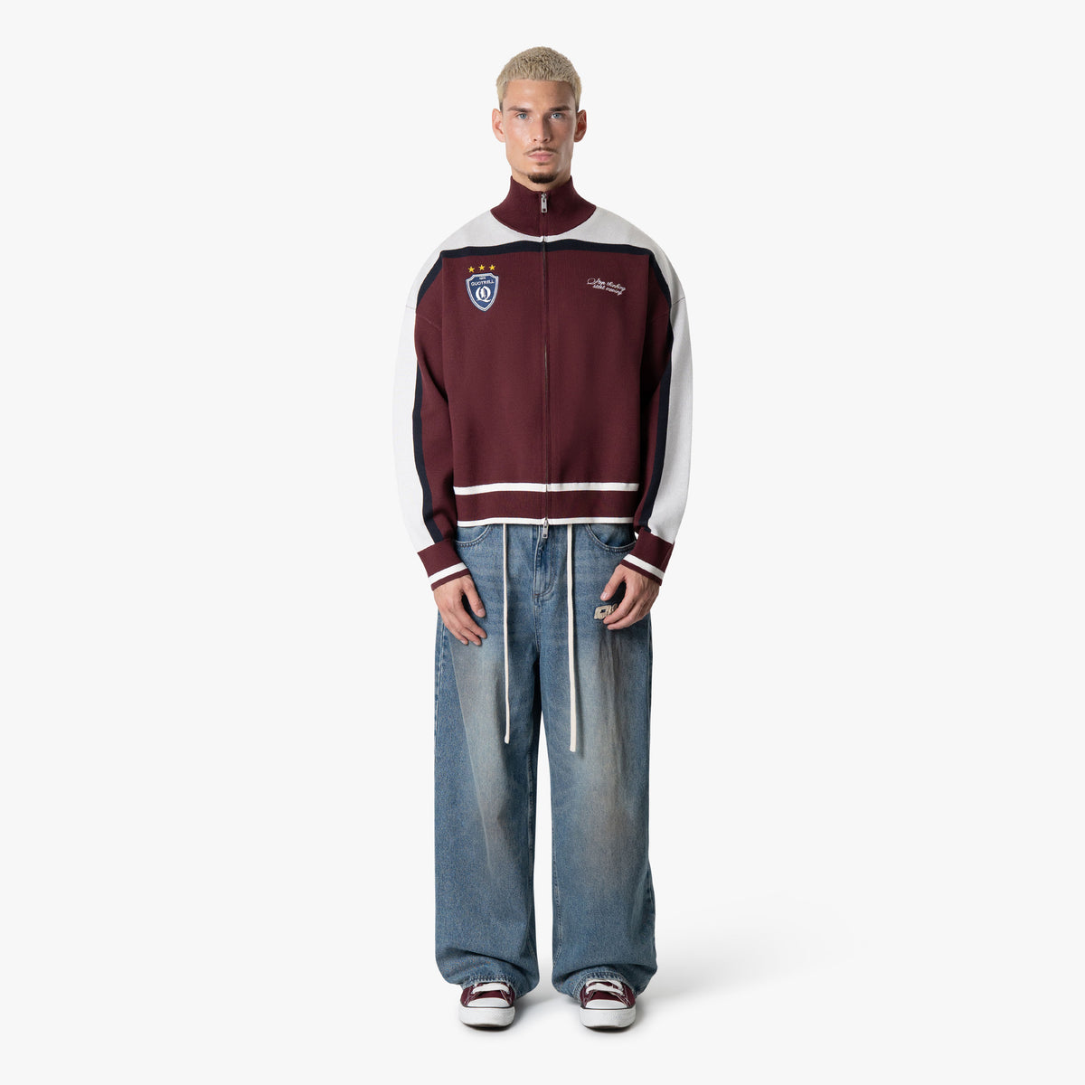 Club Knitted Zip in burgundy and white
