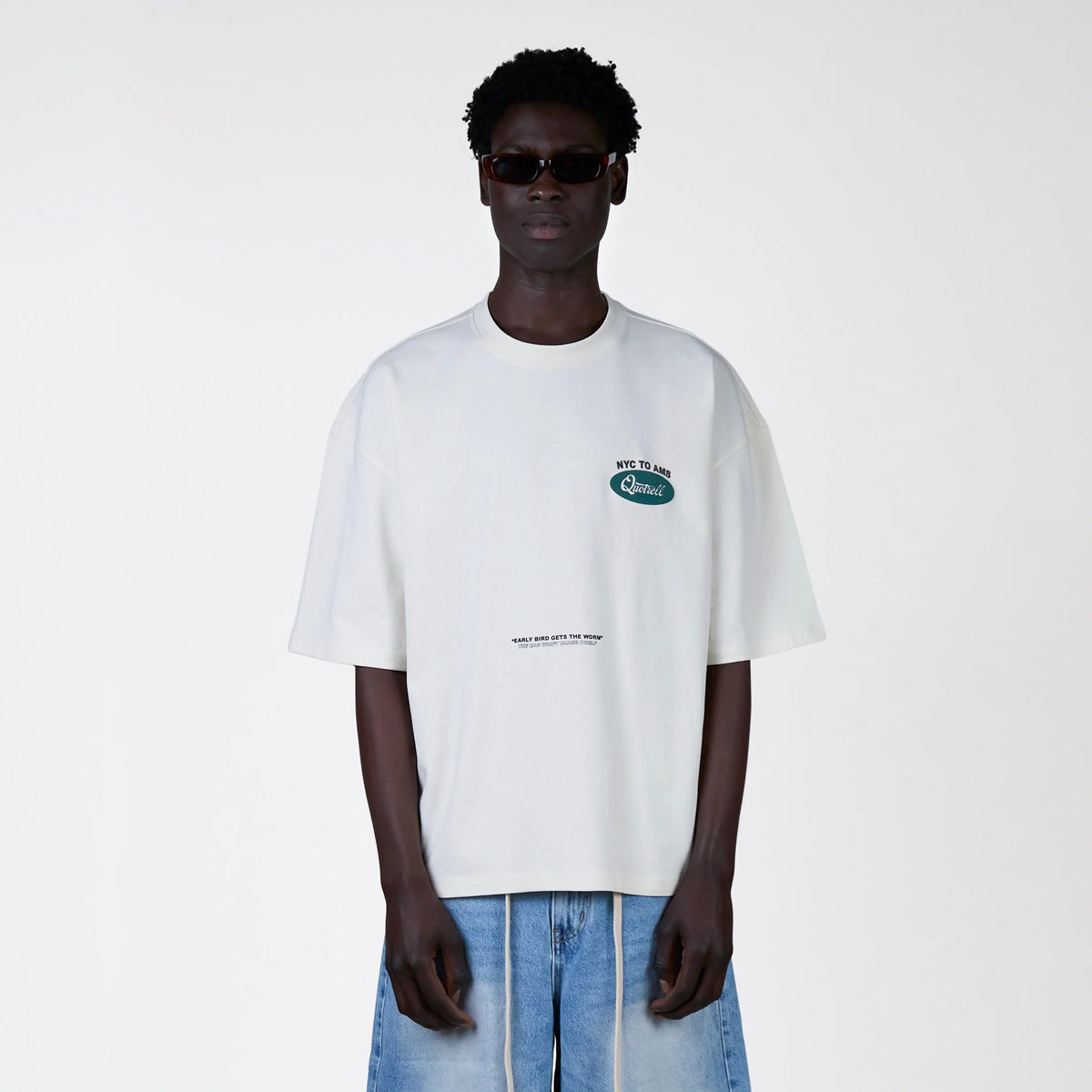 Hustlers Tee in off white and teal