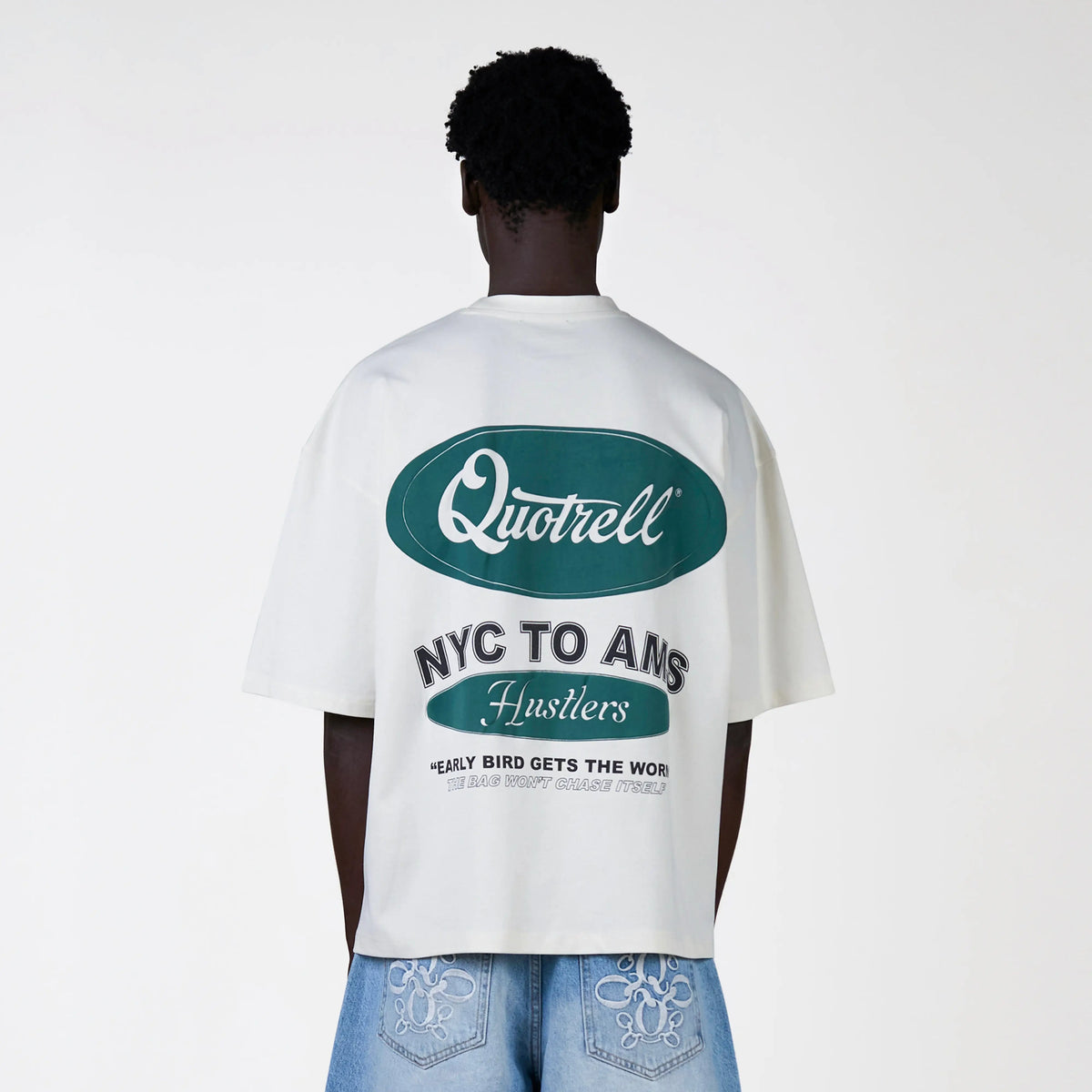 Hustlers Tee in off white and teal