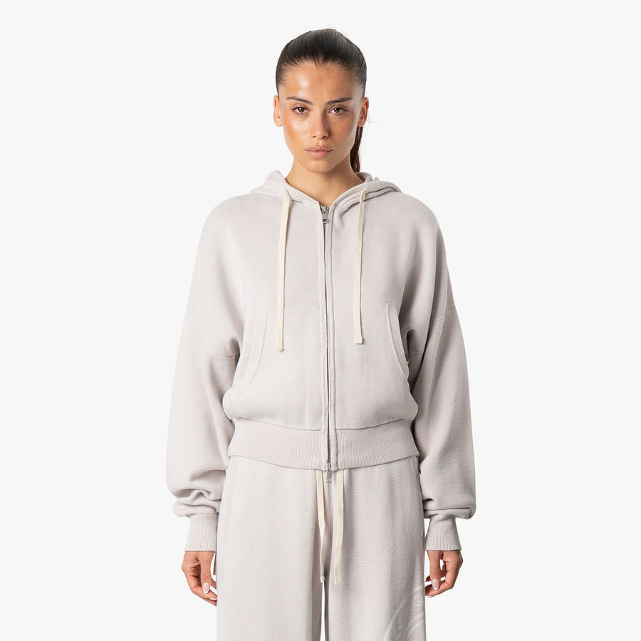 EMBLEM CROPPED ZIP HOODIE | WASHED BEIGE