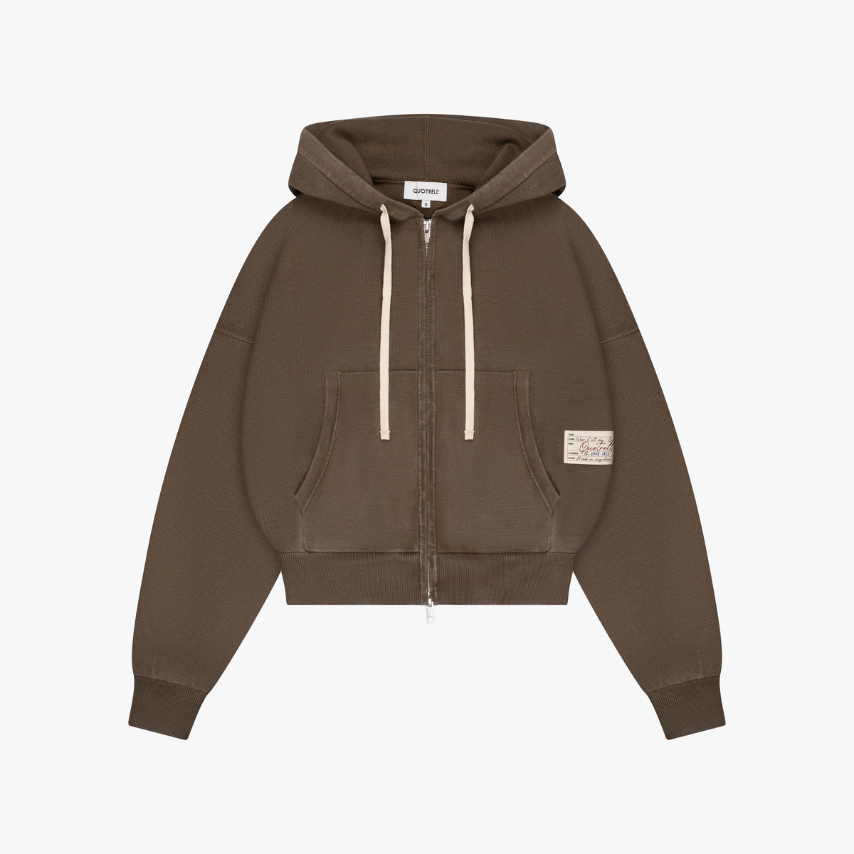 Emblem Cropped Zip Hoodie in washed brown