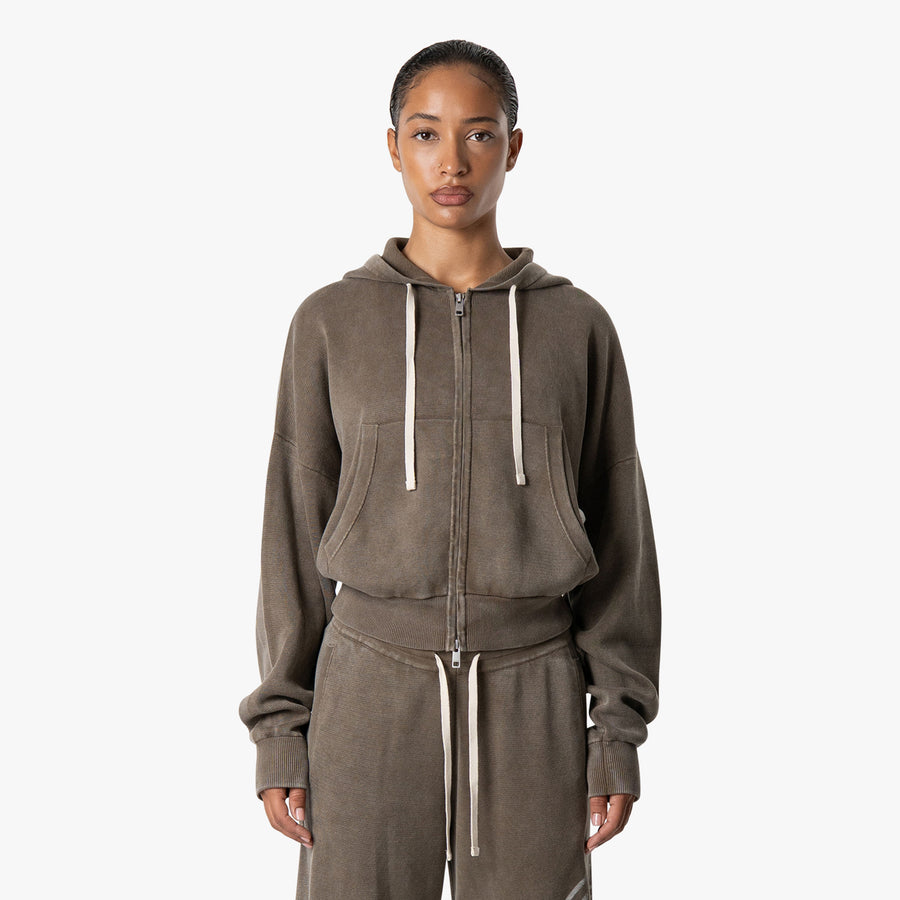 EMBLEM CROPPED ZIP HOODIE | WASHED BROWN