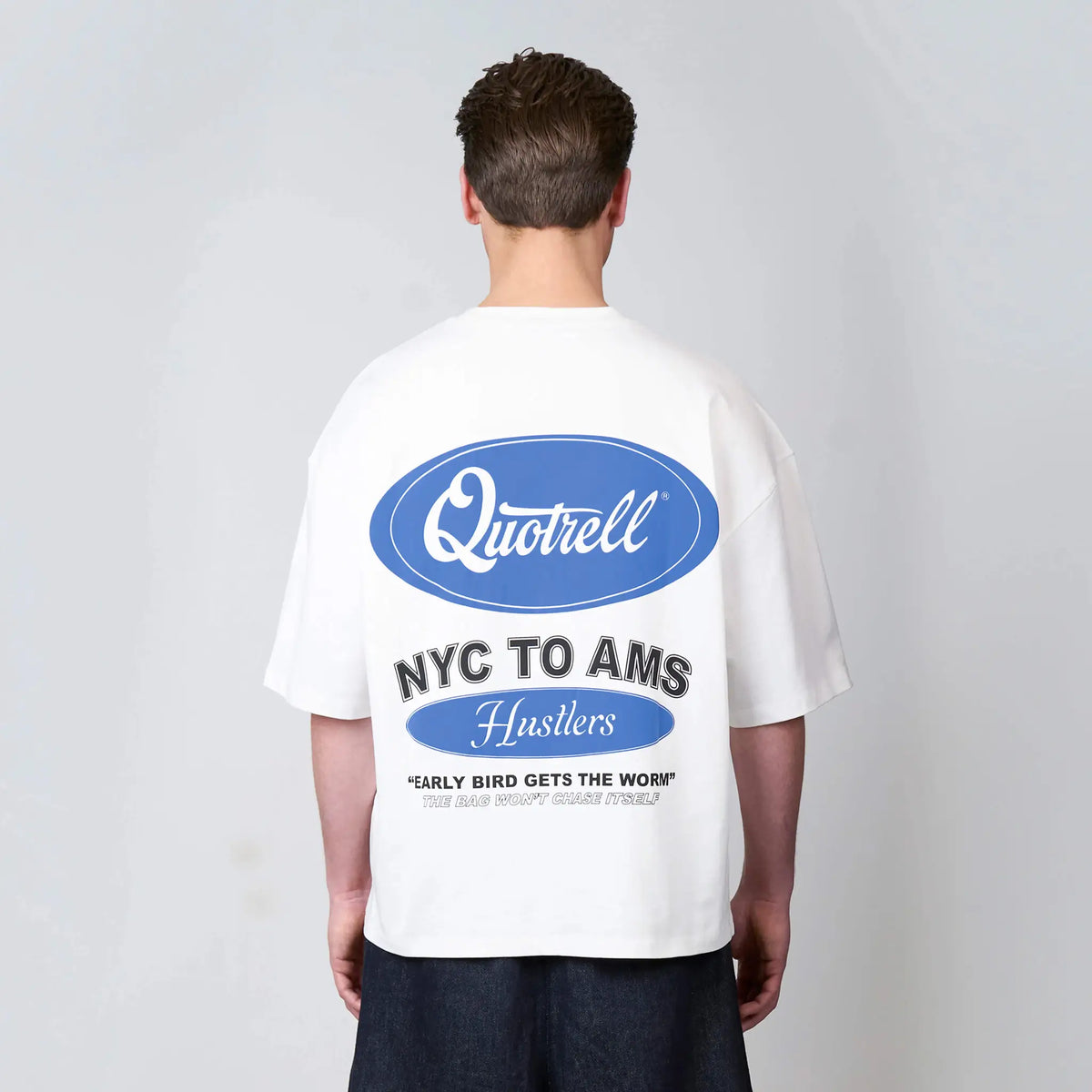 Hustlers Tee in white and blue