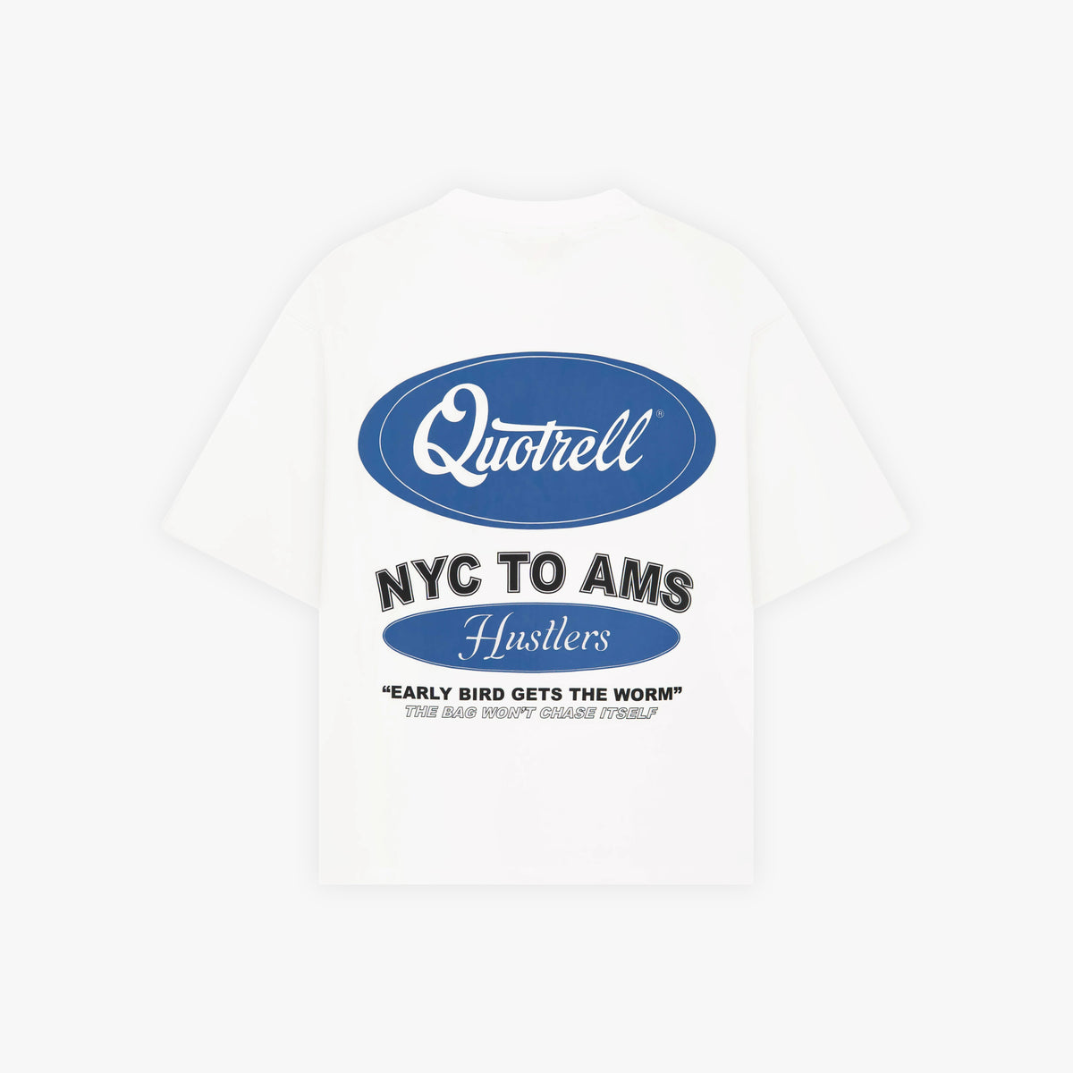 Hustlers Tee in white and blue, front view