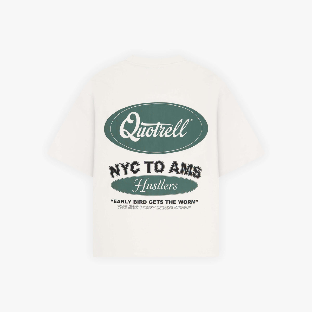 Hustlers Tee in off white and teal, front view