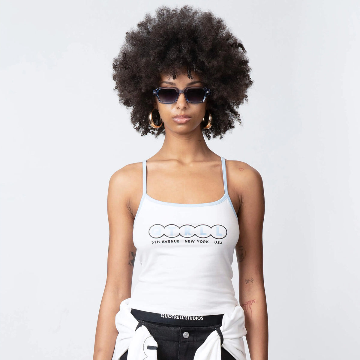 Nina Top in white and light blue, front view