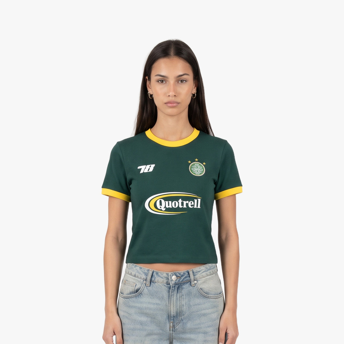 Kira Top in green and yellow, front view